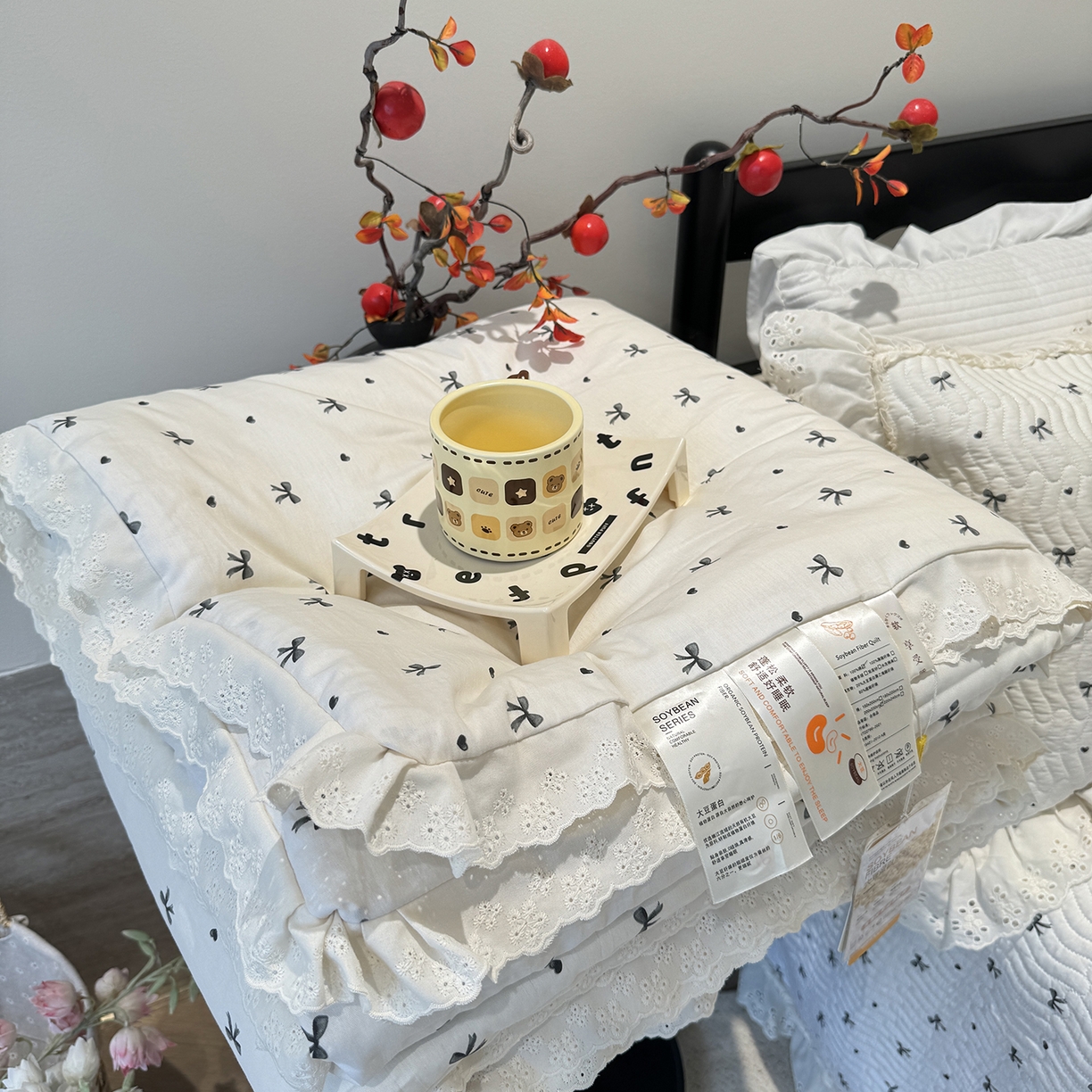 91家纺网 家纺一手货源 找家纺 莱豫家纺 2025新款全棉花边四季被5斤有同款床盖三件套 蝴蝶结