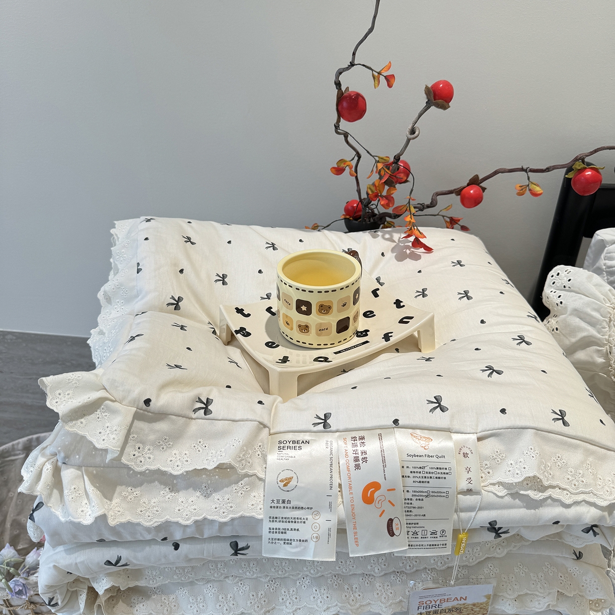 91家纺网 家纺一手货源 找家纺 莱豫家纺 2025新款全棉花边四季被5斤有同款床盖三件套 蝴蝶结