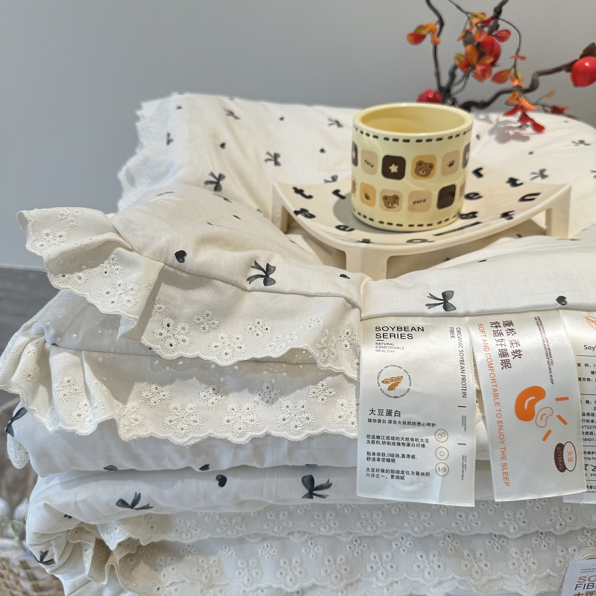 91家纺网 家纺一手货源 找家纺 莱豫家纺 2025新款全棉花边四季被5斤有同款床盖三件套 蝴蝶结