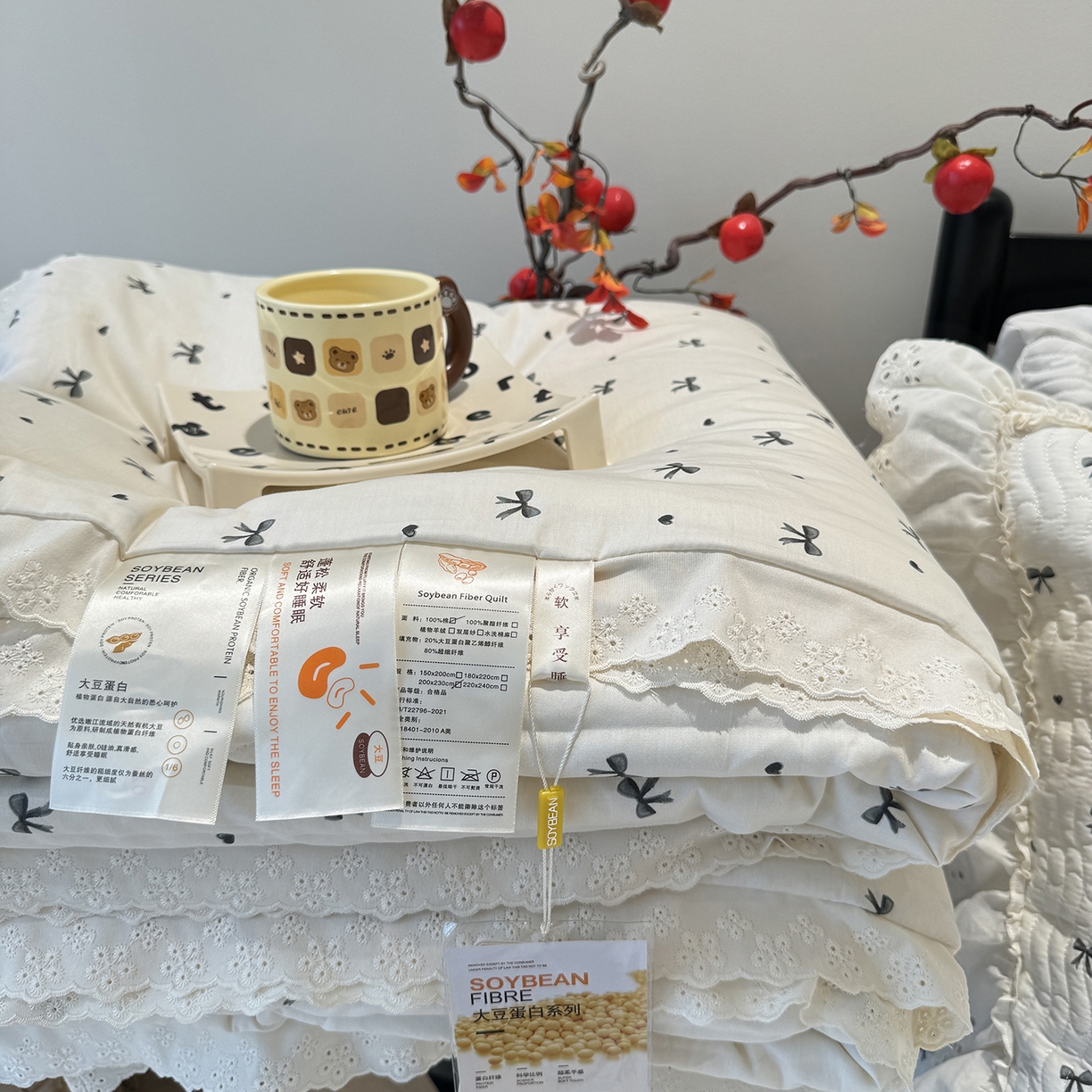 91家纺网 家纺一手货源 找家纺 莱豫家纺 2025新款全棉花边四季被5斤有同款床盖三件套 蝴蝶结