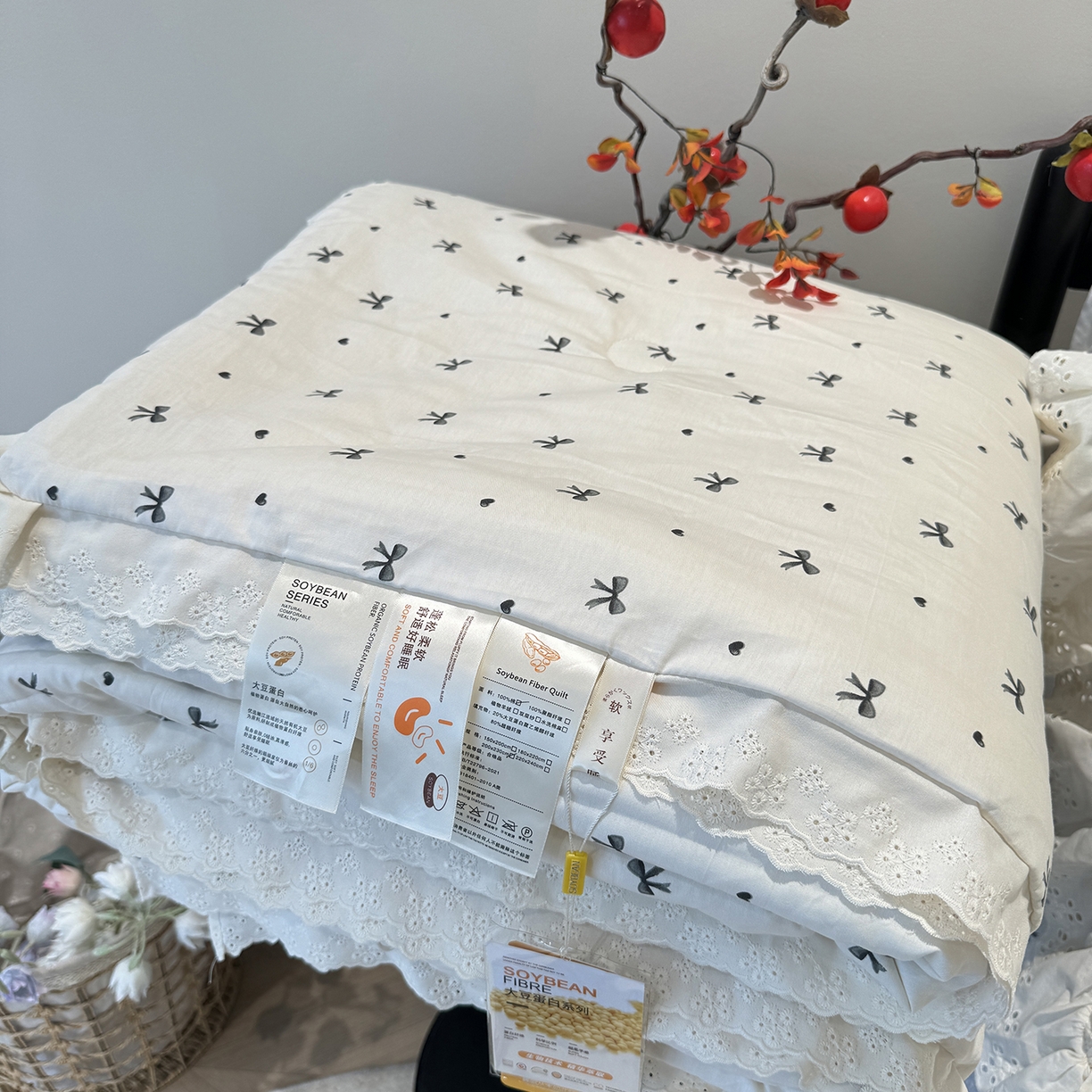 91家纺网 家纺一手货源 找家纺 莱豫家纺 2025新款全棉花边四季被5斤有同款床盖三件套 蝴蝶结