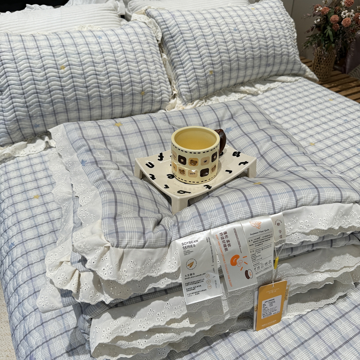 91家纺网 家纺一手货源 找家纺 莱豫家纺 2025新款全棉花边四季被5斤有同款床盖三件套 极光之星