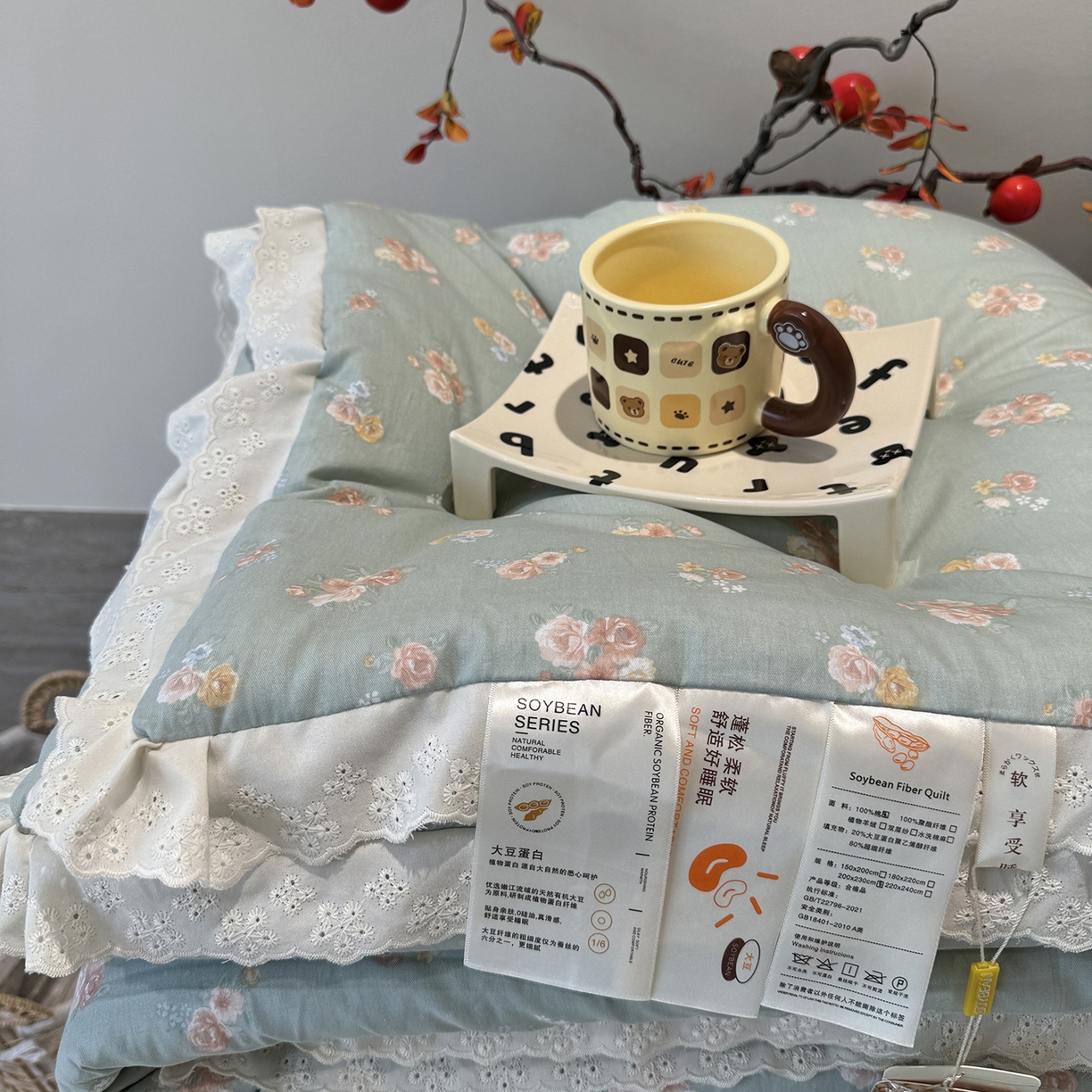 91家纺网 家纺一手货源 找家纺 莱豫家纺 2025新款全棉花边四季被5斤有同款床盖三件套 沐辰花绿