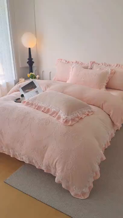 91家纺网 家纺一手货源 找家纺 锦格家纺 2024新款A类高克重牛奶绒四件套苏枚雅【玉粉】