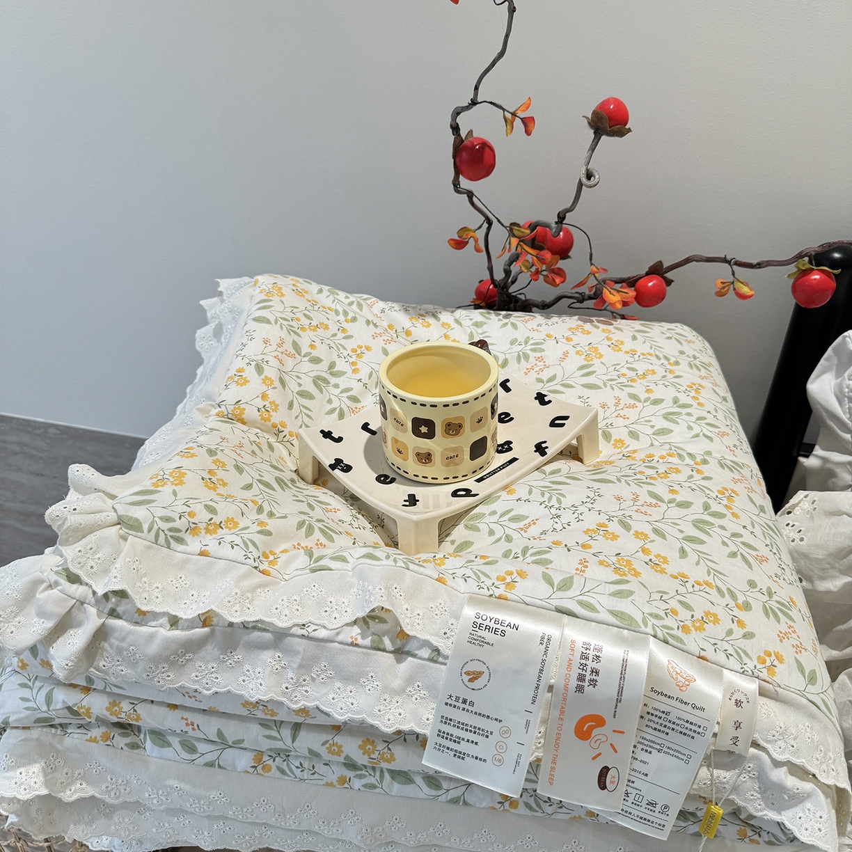 91家纺网 家纺一手货源 找家纺 莱豫家纺 2025新款全棉花边四季被5斤有同款床盖三件套 千野绿