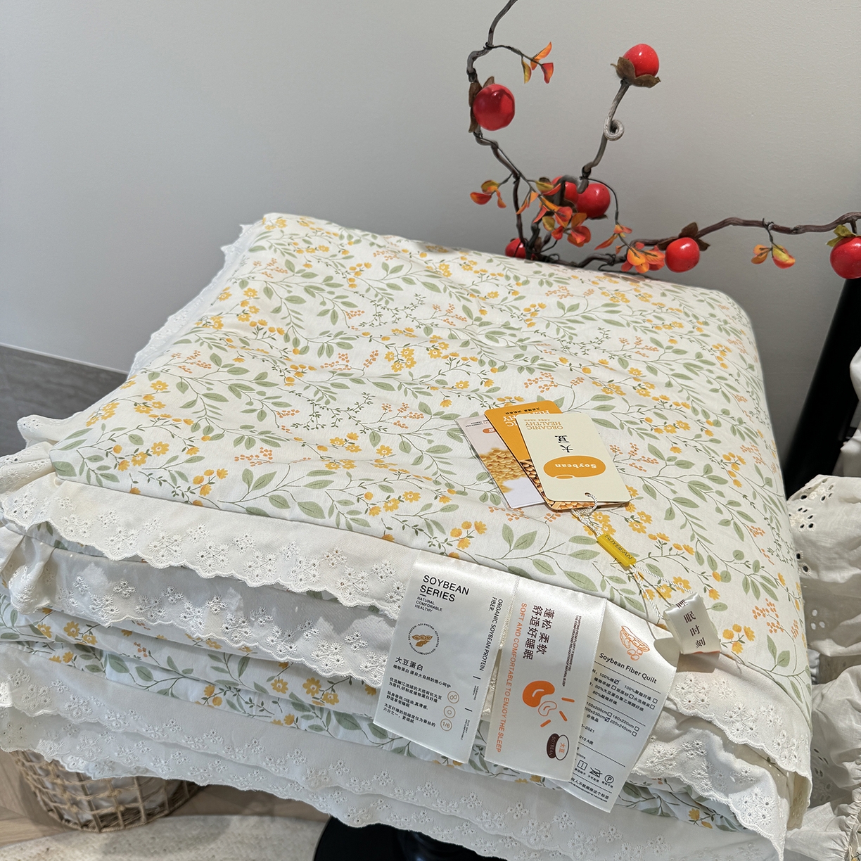 91家纺网 家纺一手货源 找家纺 莱豫家纺 2025新款全棉花边四季被5斤有同款床盖三件套 千野绿