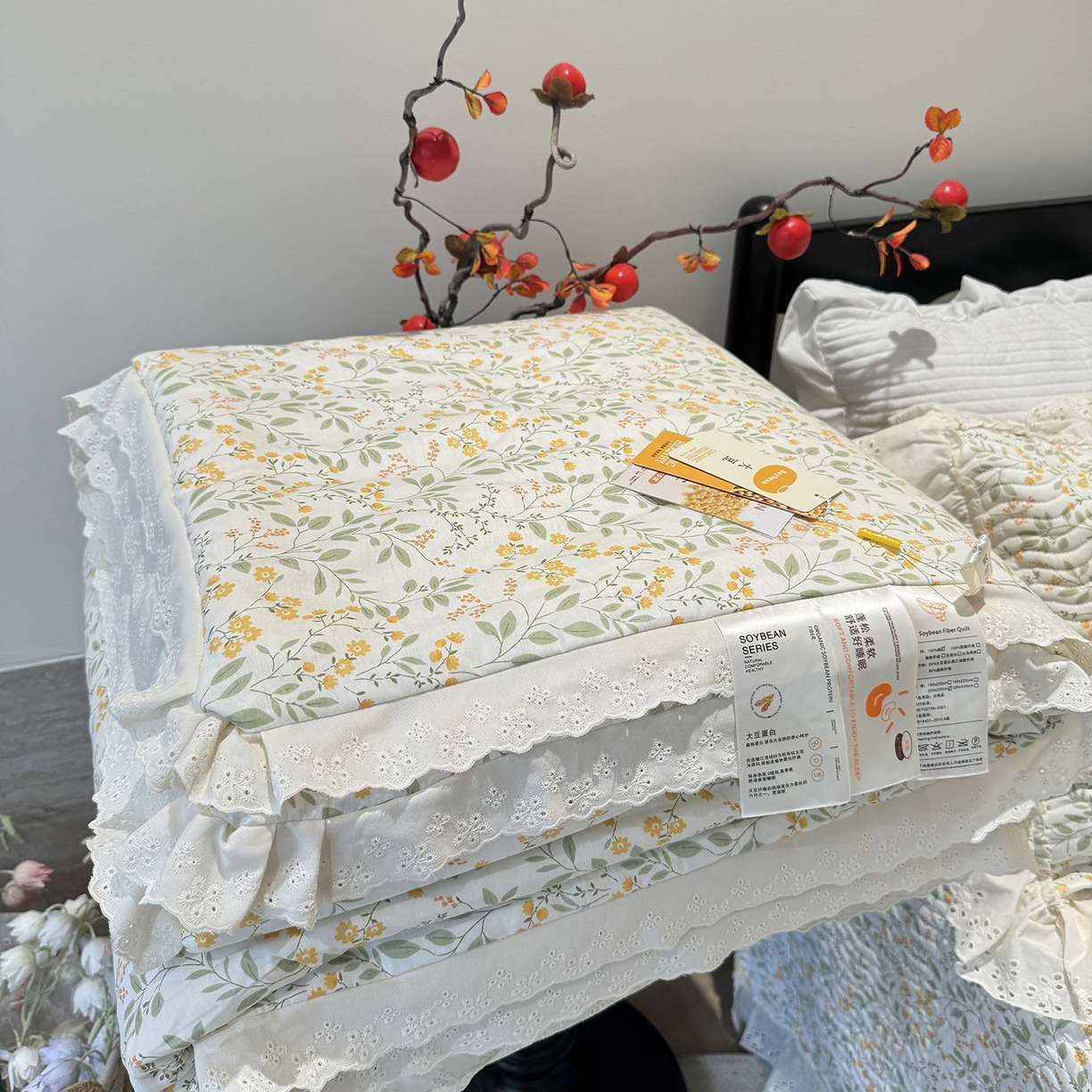91家纺网 家纺一手货源 找家纺 莱豫家纺 2025新款全棉花边四季被5斤有同款床盖三件套 千野绿