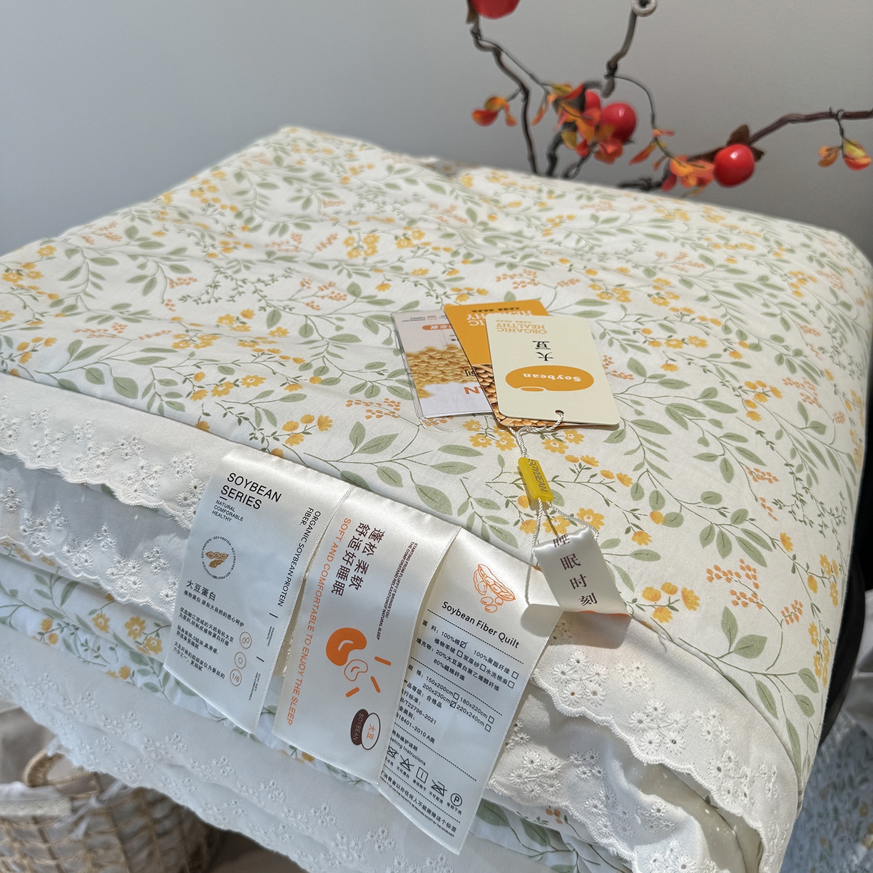 91家纺网 家纺一手货源 找家纺 莱豫家纺 2025新款全棉花边四季被5斤有同款床盖三件套 千野绿