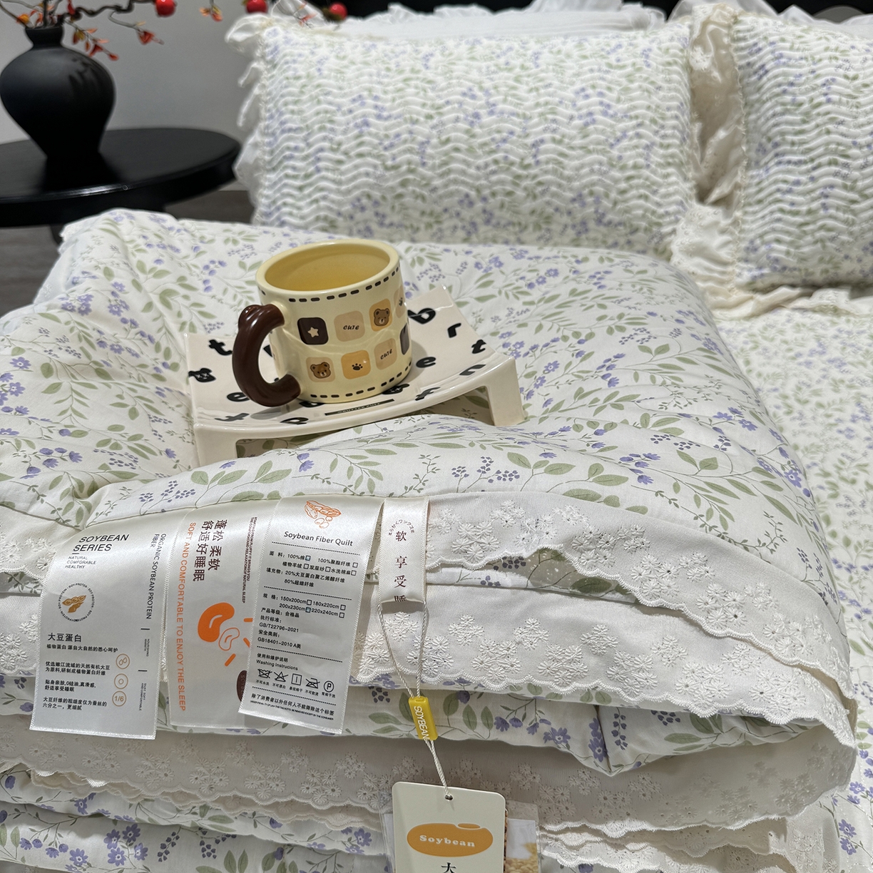 91家纺网 家纺一手货源 找家纺 莱豫家纺 2025新款全棉花边四季被5斤有同款床盖三件套 千野紫