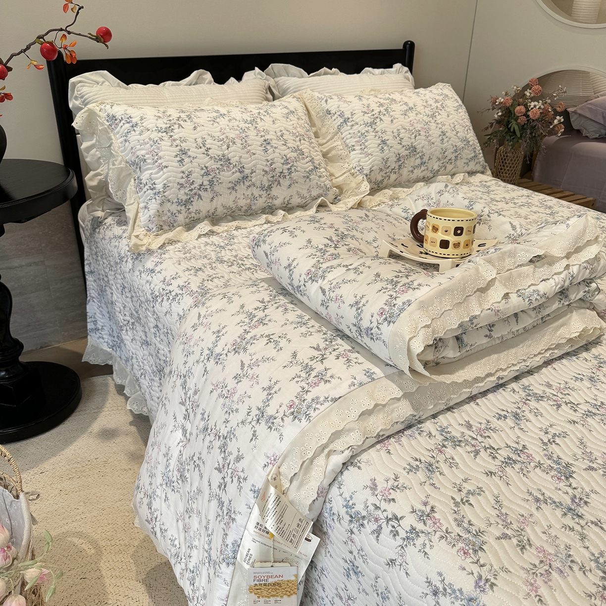 91家纺网 家纺一手货源 找家纺 莱豫家纺 2025新款全棉花边四季被5斤有同款床盖三件套 夏梦