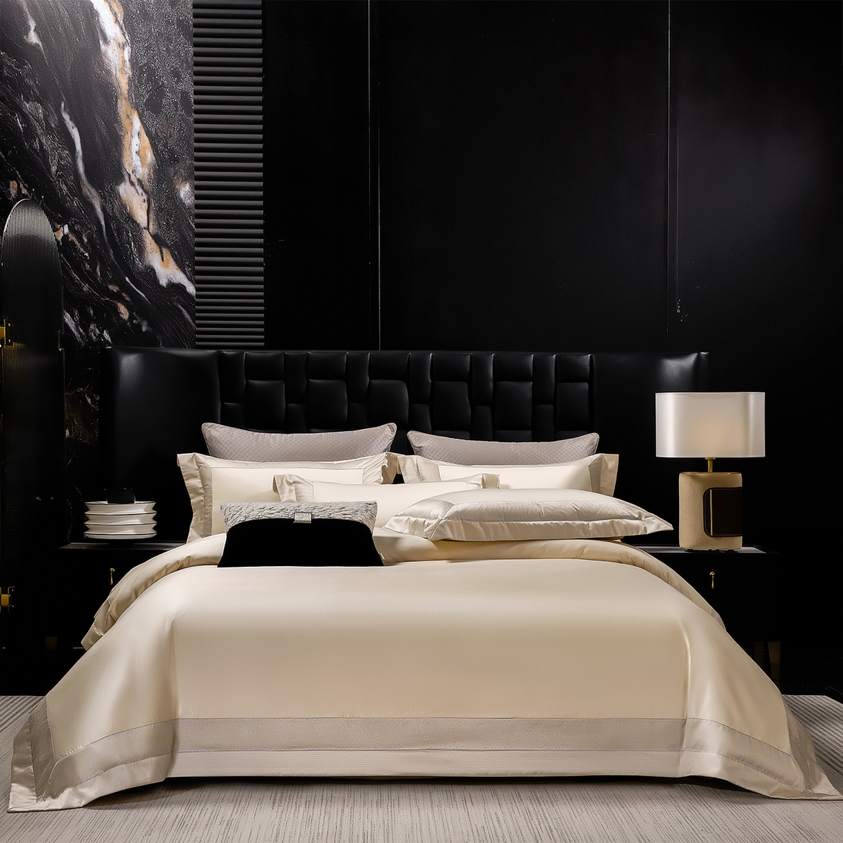 91家纺网 家纺一手货源 找家纺 元元家居（元元被业） 2025秋冬新款百支长绒棉纯棉贡缎工艺款四件套-魅影系列 魅影-香槟金