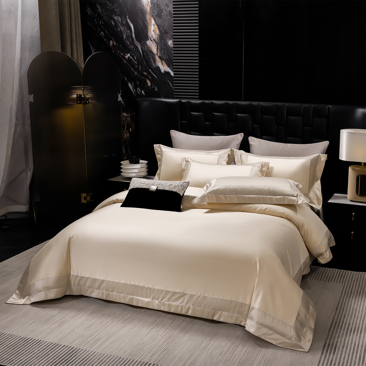 91家纺网 家纺一手货源 找家纺 元元家居（元元被业） 2025秋冬新款百支长绒棉纯棉贡缎工艺款四件套-魅影系列 魅影-香槟金