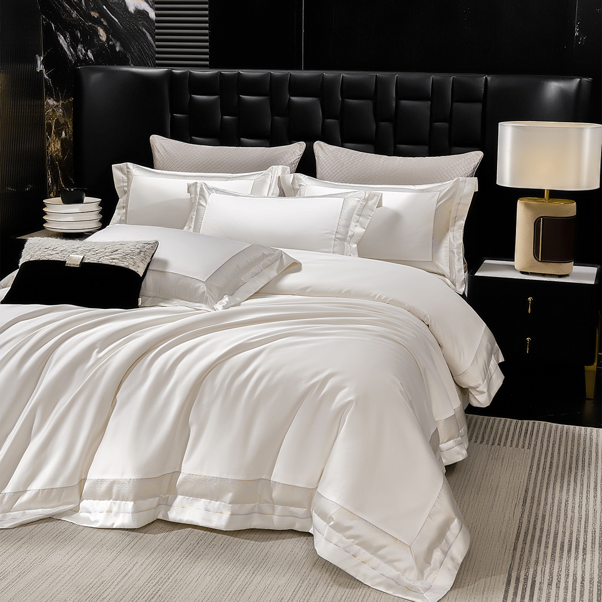 91家纺网 家纺一手货源 找家纺 元元家居（元元被业） 2025秋冬新款百支长绒棉纯棉贡缎工艺款四件套-魅影系列 魅影-典雅白