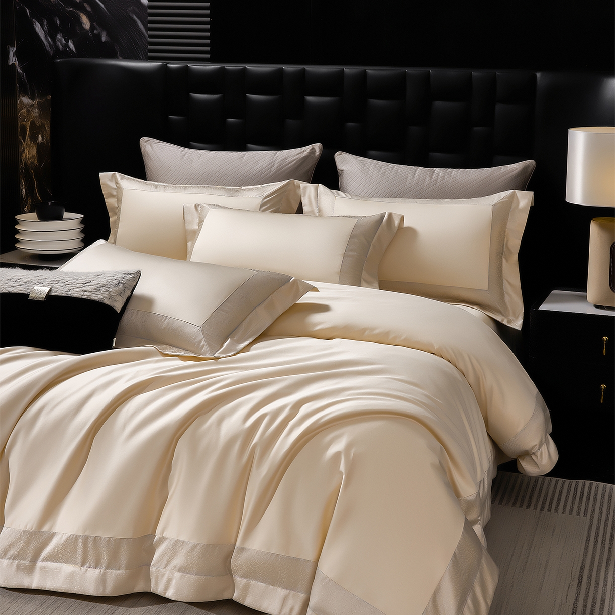 91家纺网 家纺一手货源 找家纺 元元家居（元元被业） 2025秋冬新款百支长绒棉纯棉贡缎工艺款四件套-魅影系列 魅影-香槟金