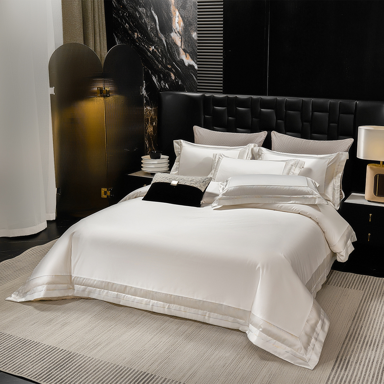 91家纺网 家纺一手货源 找家纺 元元家居（元元被业） 2025秋冬新款百支长绒棉纯棉贡缎工艺款四件套-魅影系列 魅影-典雅白