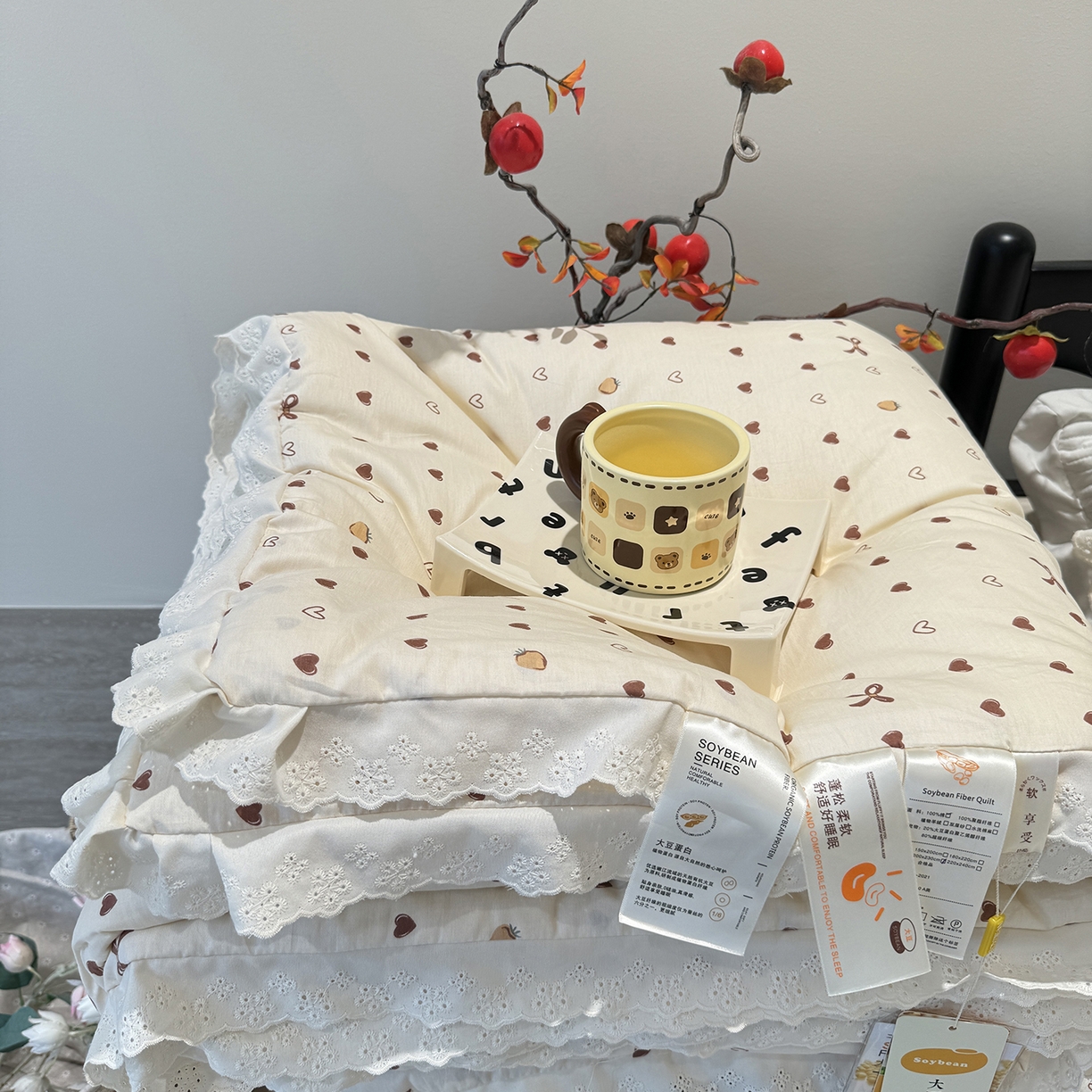91家纺网 家纺一手货源 找家纺 莱豫家纺 2025新款全棉花边四季被5斤有同款床盖三件套 小小爱心