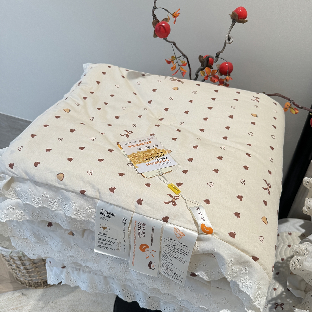 91家纺网 家纺一手货源 找家纺 莱豫家纺 2025新款全棉花边四季被5斤有同款床盖三件套 小小爱心