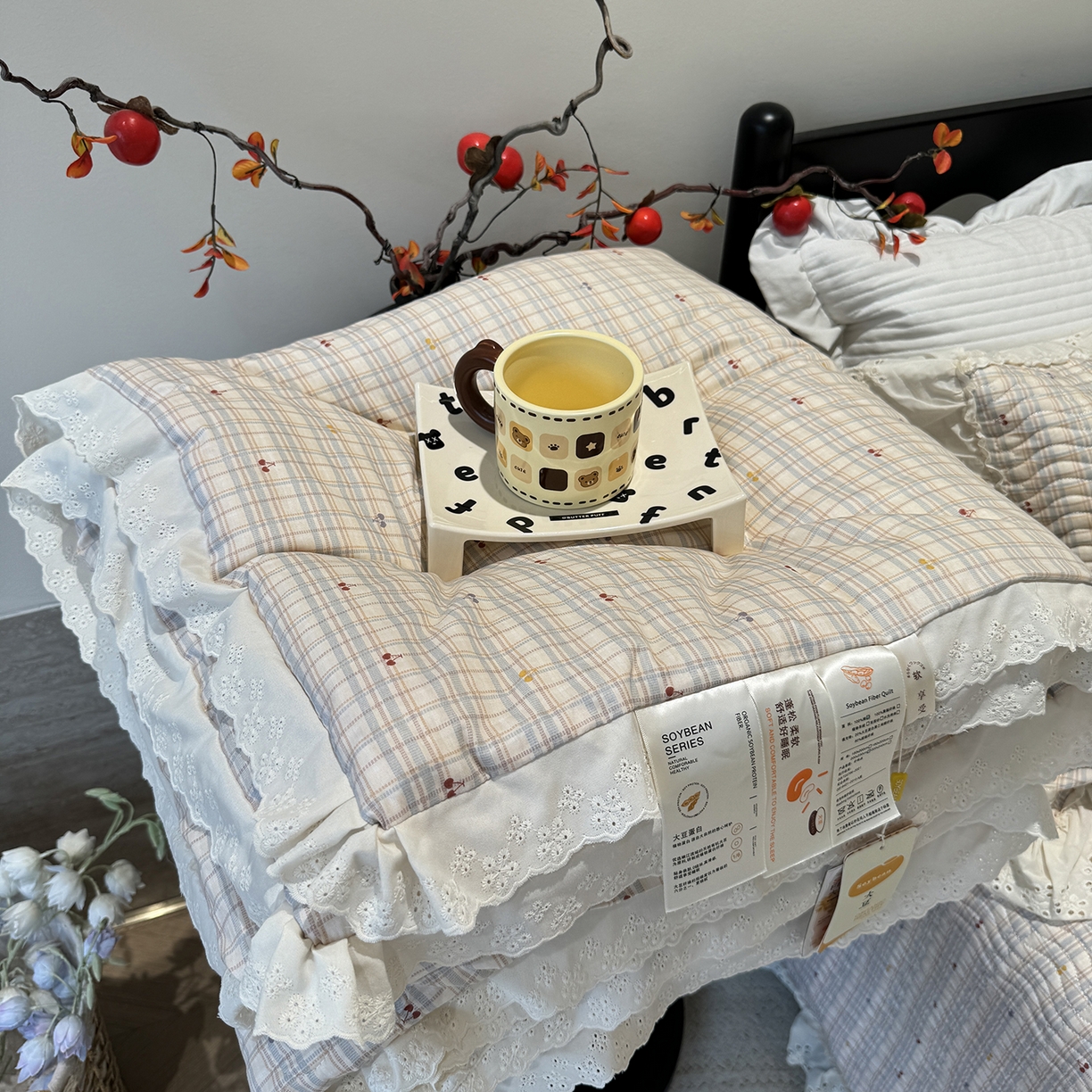 莱豫家纺 2025新款全棉花边四季被5斤有同款床盖三件套 樱桃可可