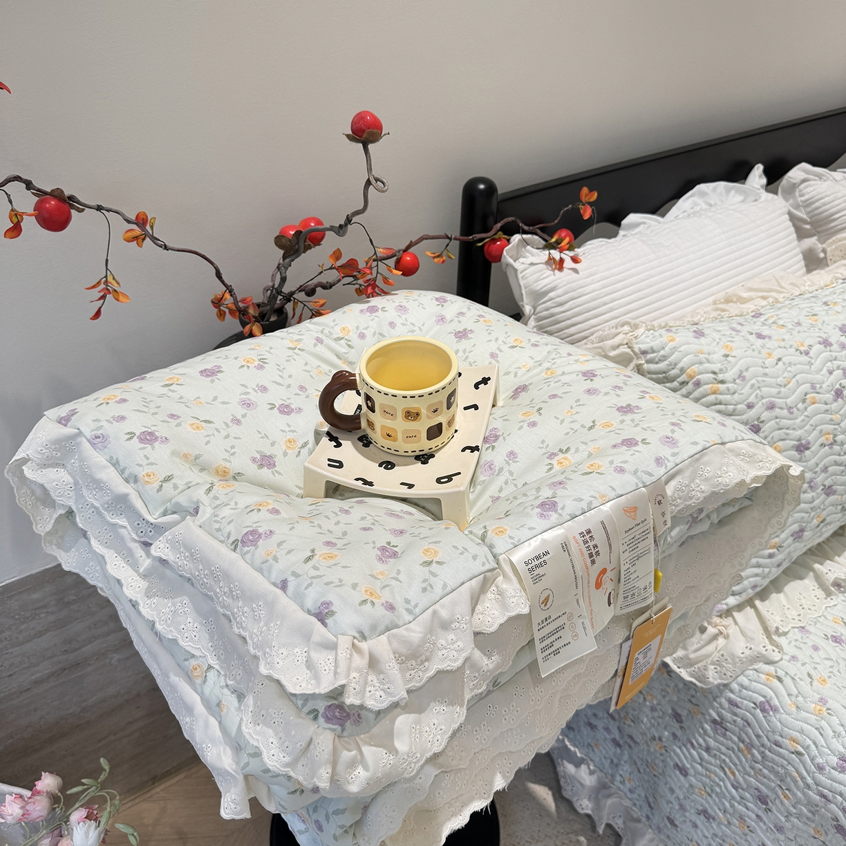 莱豫家纺 2025新款全棉花边四季被5斤有同款床盖三件套 稚嫩蔷薇