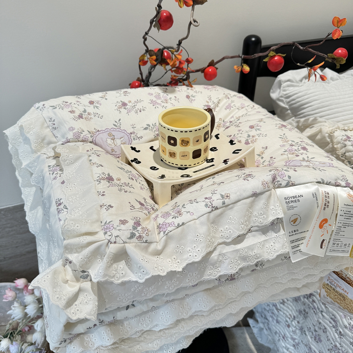 莱豫家纺 2025新款全棉花边四季被5斤有同款床盖三件套 紫悦