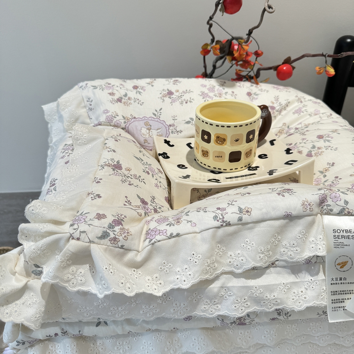 91家纺网 家纺一手货源 找家纺 莱豫家纺 2025新款全棉花边四季被5斤有同款床盖三件套 紫悦