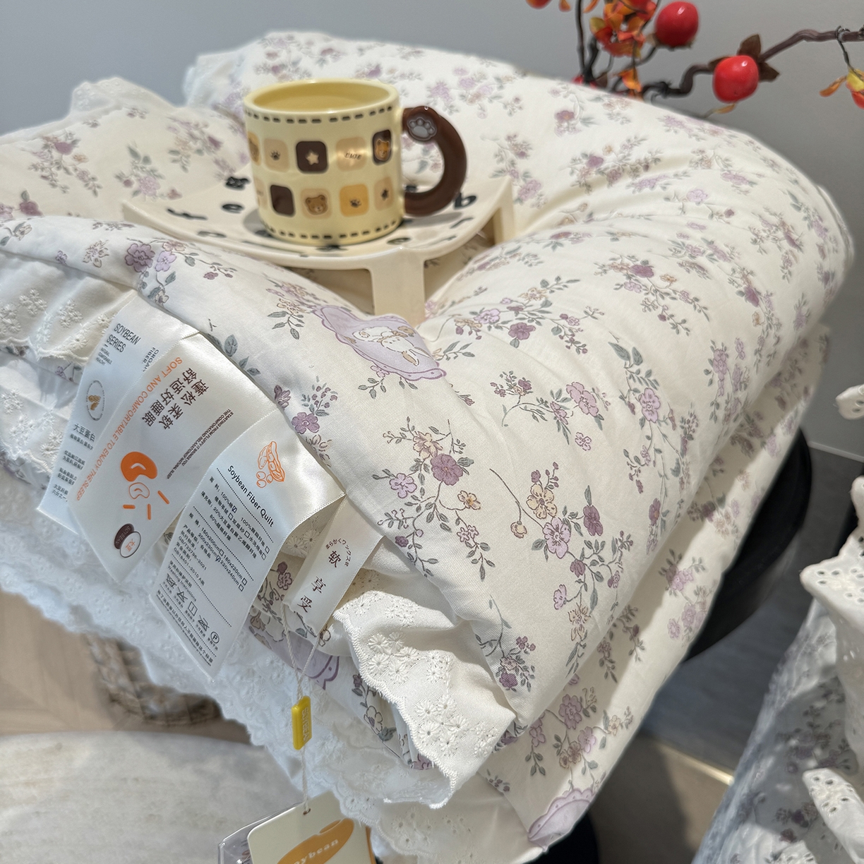 91家纺网 家纺一手货源 找家纺 莱豫家纺 2025新款全棉花边四季被5斤有同款床盖三件套 紫悦