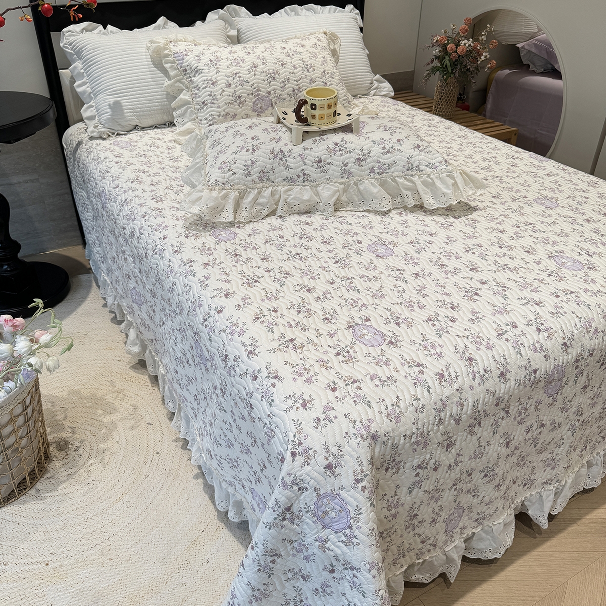 91家纺网 家纺一手货源 找家纺 莱豫家纺 2025秋冬新款纯棉床盖三件套可配同款四季被同款被套 紫悦