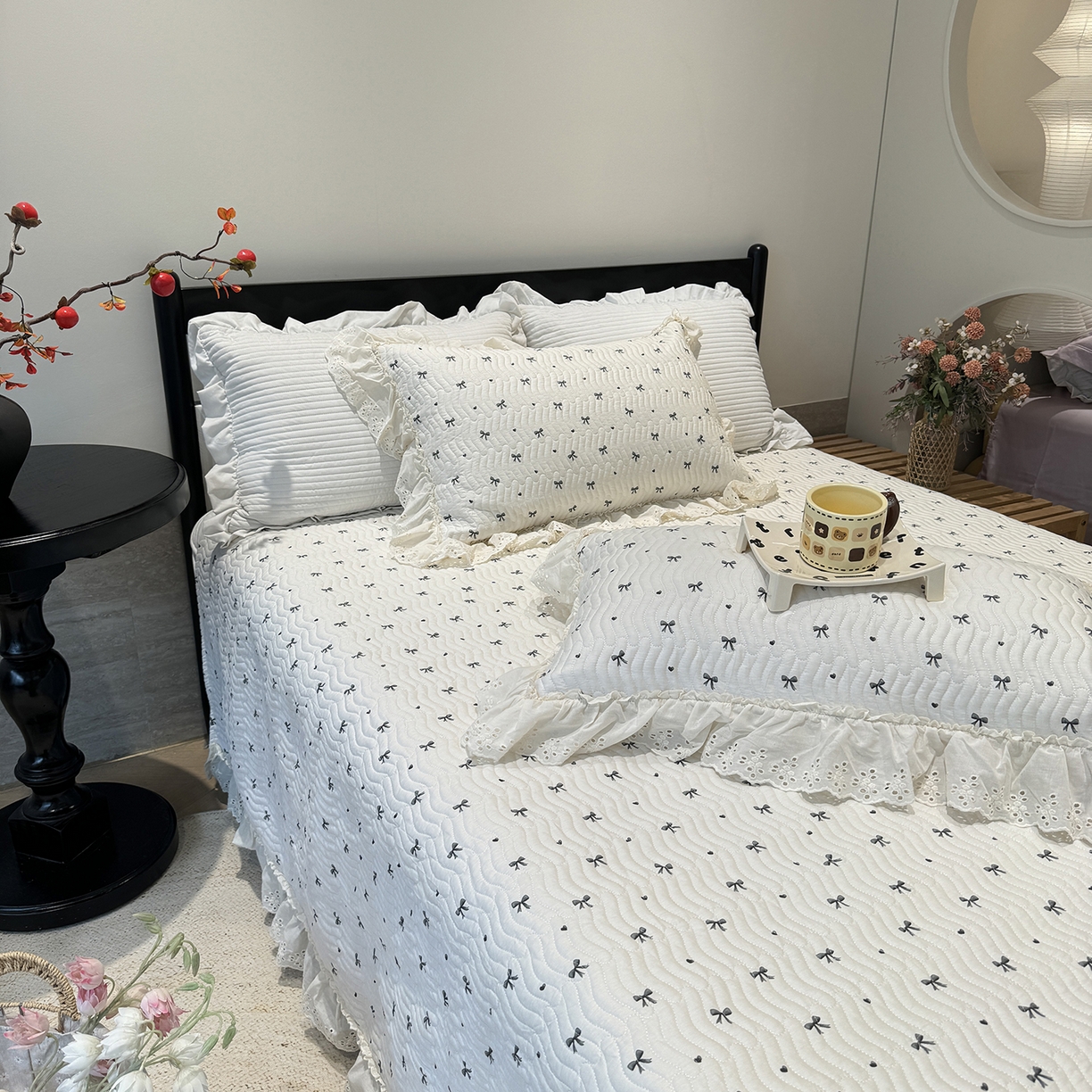 91家纺网 家纺一手货源 找家纺 莱豫家纺 2025秋冬新款纯棉床盖三件套可配同款四季被同款被套 蝴蝶结