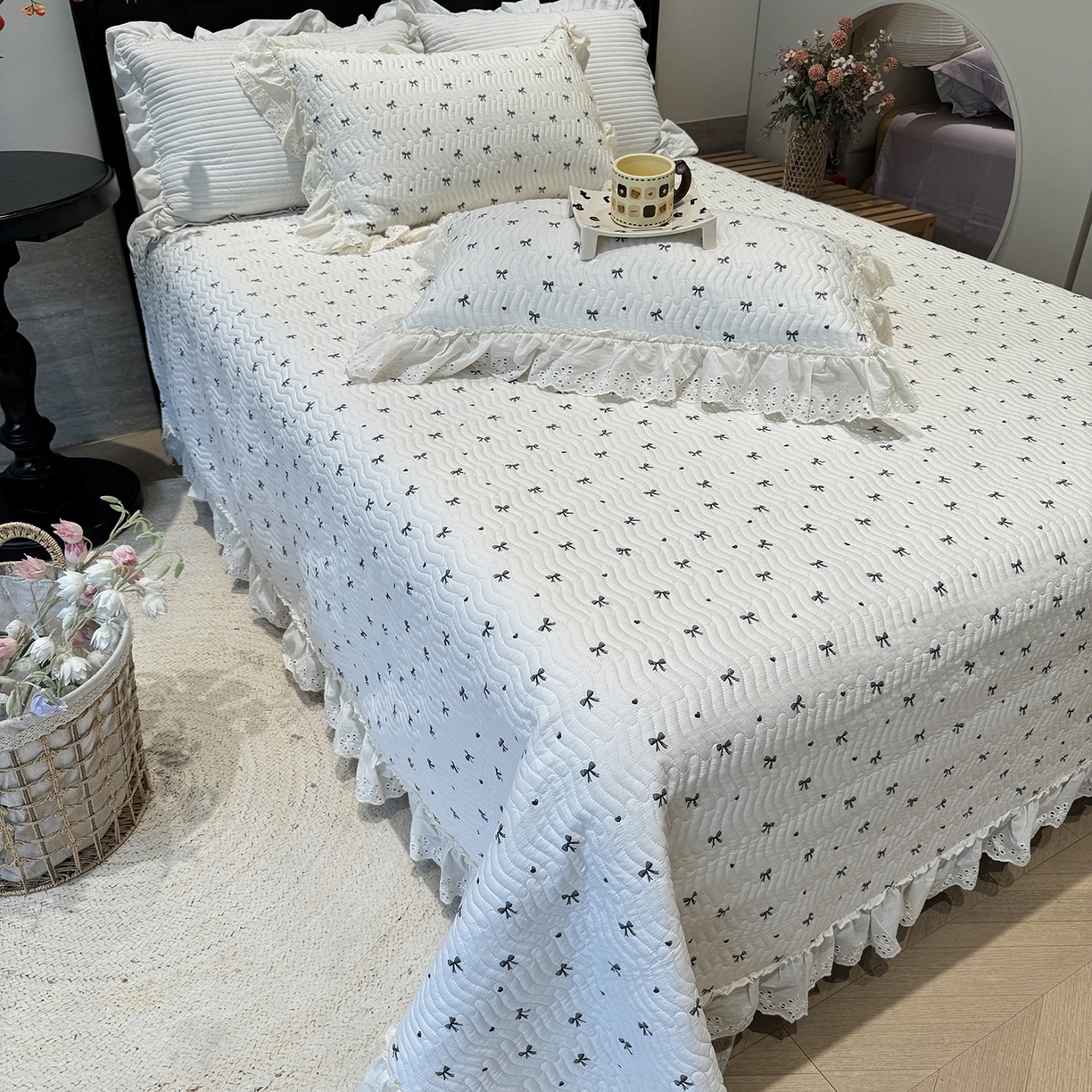 91家纺网 家纺一手货源 找家纺 莱豫家纺 2025秋冬新款纯棉床盖三件套可配同款四季被同款被套 蝴蝶结