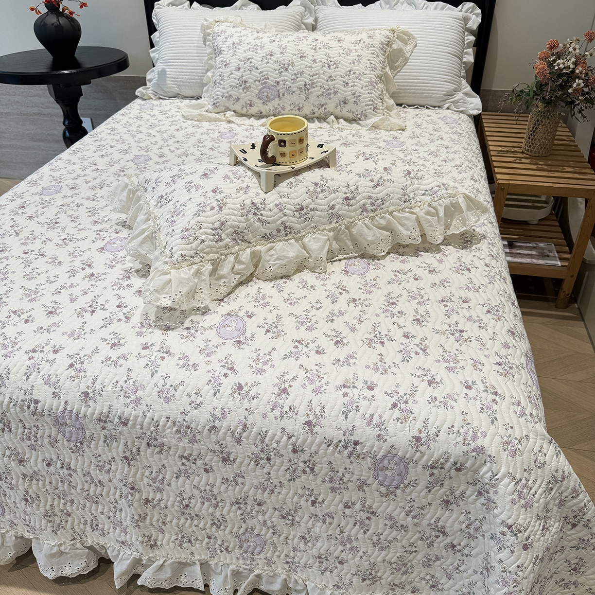 91家纺网 家纺一手货源 找家纺 莱豫家纺 2025秋冬新款纯棉床盖三件套可配同款四季被同款被套 紫悦