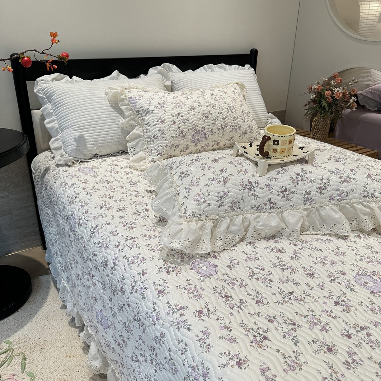 91家纺网 家纺一手货源 找家纺 莱豫家纺 2025秋冬新款纯棉床盖三件套可配同款四季被同款被套 紫悦