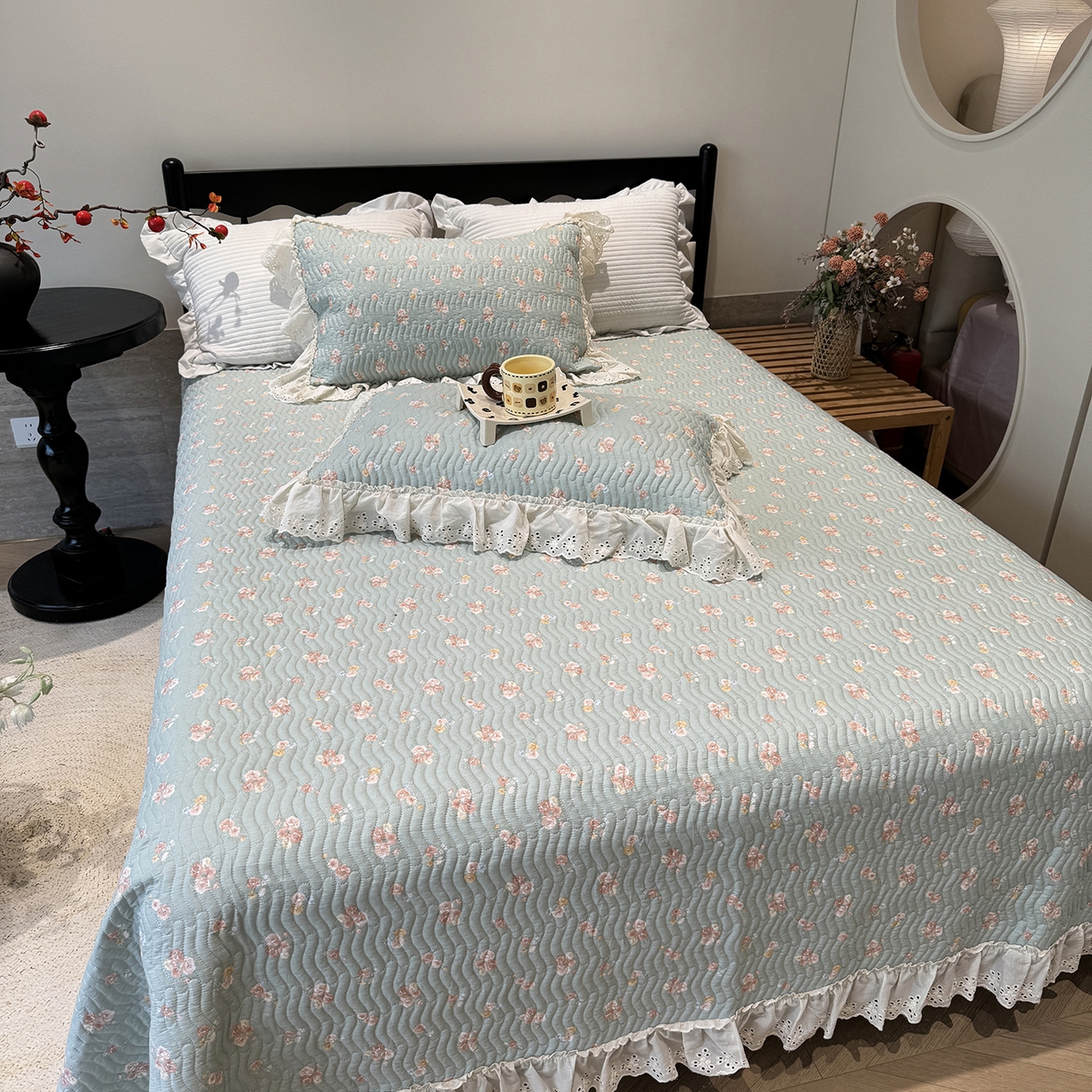 91家纺网 家纺一手货源 找家纺 莱豫家纺 2025秋冬新款纯棉床盖三件套可配同款四季被同款被套 沐辰花绿