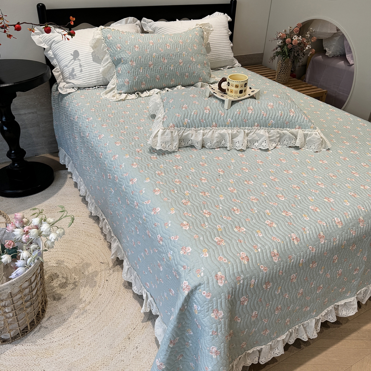 91家纺网 家纺一手货源 找家纺 莱豫家纺 2025秋冬新款纯棉床盖三件套可配同款四季被同款被套 沐辰花绿