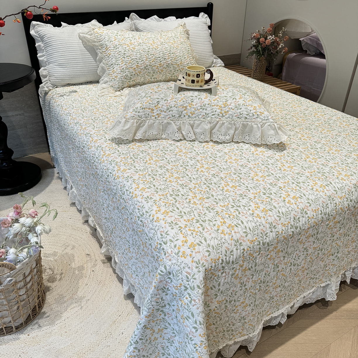 91家纺网 家纺一手货源 找家纺 莱豫家纺 2025秋冬新款纯棉床盖三件套可配同款四季被同款被套 千野绿