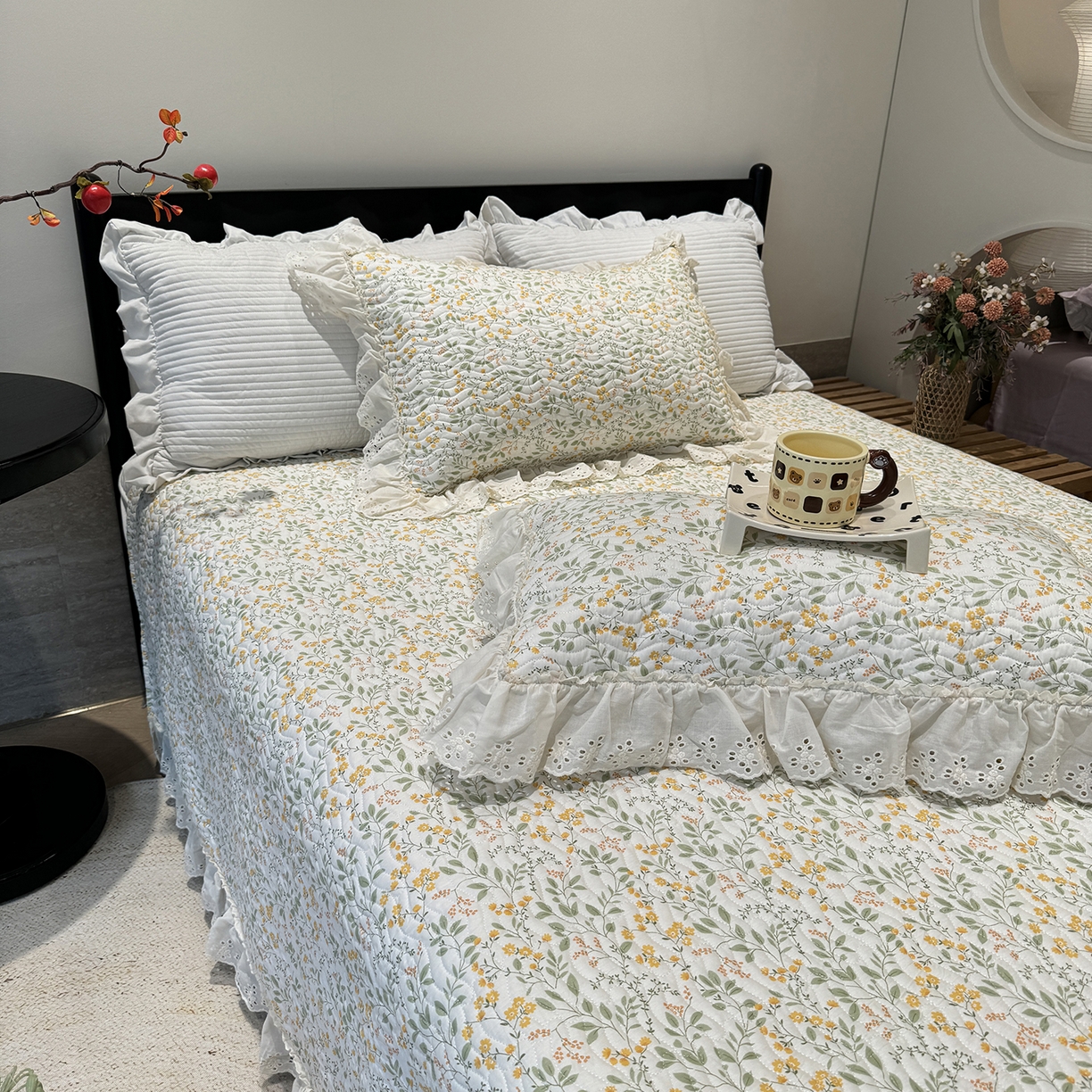 91家纺网 家纺一手货源 找家纺 莱豫家纺 2025秋冬新款纯棉床盖三件套可配同款四季被同款被套 千野绿