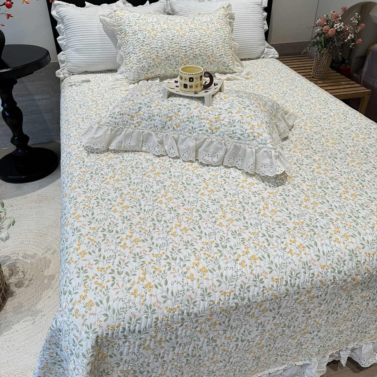 91家纺网 家纺一手货源 找家纺 莱豫家纺 2025秋冬新款纯棉床盖三件套可配同款四季被同款被套 千野绿