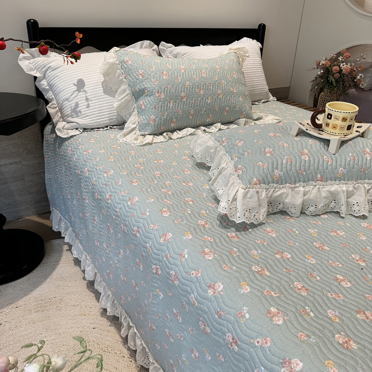 91家纺网 家纺一手货源 找家纺 莱豫家纺 2025秋冬新款纯棉床盖三件套可配同款四季被同款被套 沐辰花绿