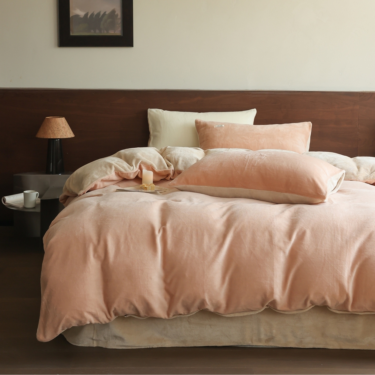 时光里 2025新款230克纯色双拼牛奶绒四件套 浅驼拼杏仁