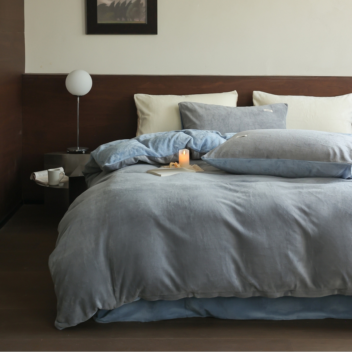 时光里 2025新款230克纯色双拼牛奶绒四件套 古典灰拼复古蓝