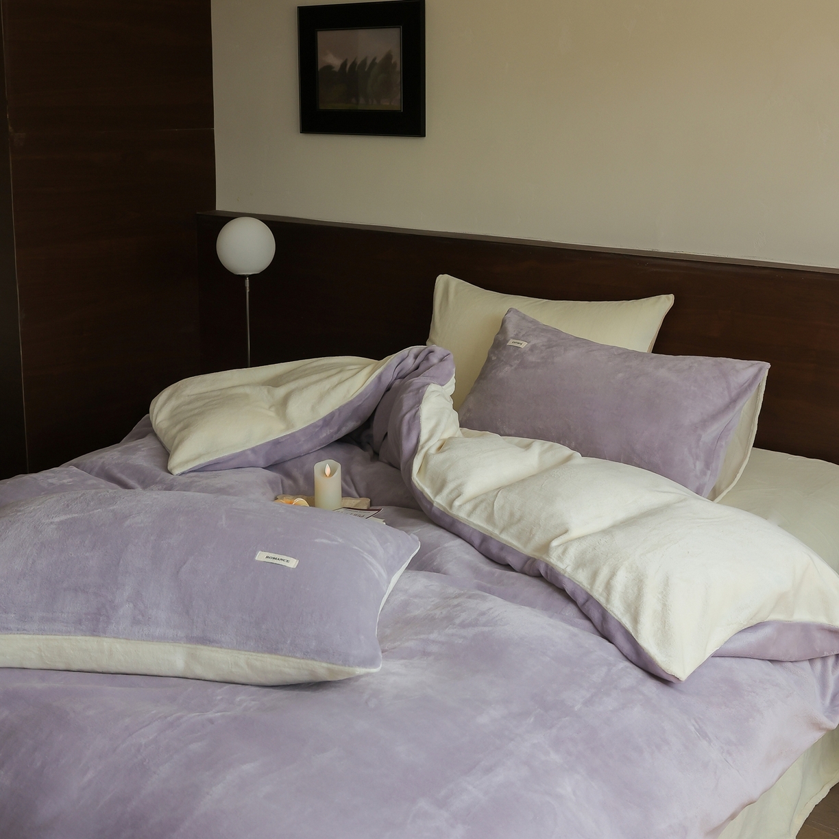 91家纺网 家纺一手货源 找家纺 时光里 2025新款230克纯色双拼牛奶绒四件套 浅紫拼奶白