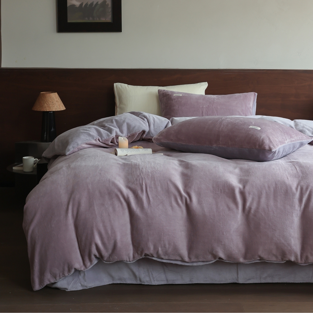 时光里 2025新款230克纯色双拼牛奶绒四件套 香芋紫拼浅紫