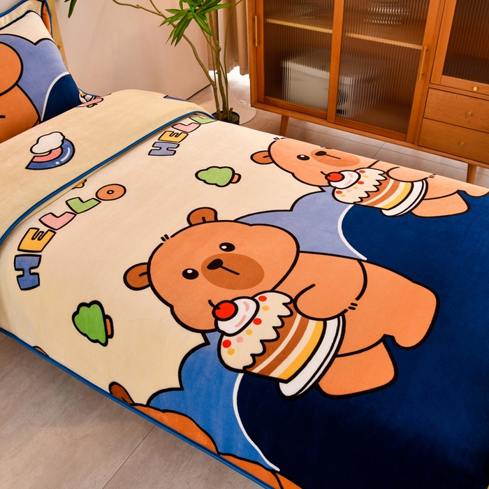 91家纺网 家纺一手货源 找家纺 居尚家纺 2025新款牛奶绒学生三件套床褥套床笠三件套 嘟嘟熊