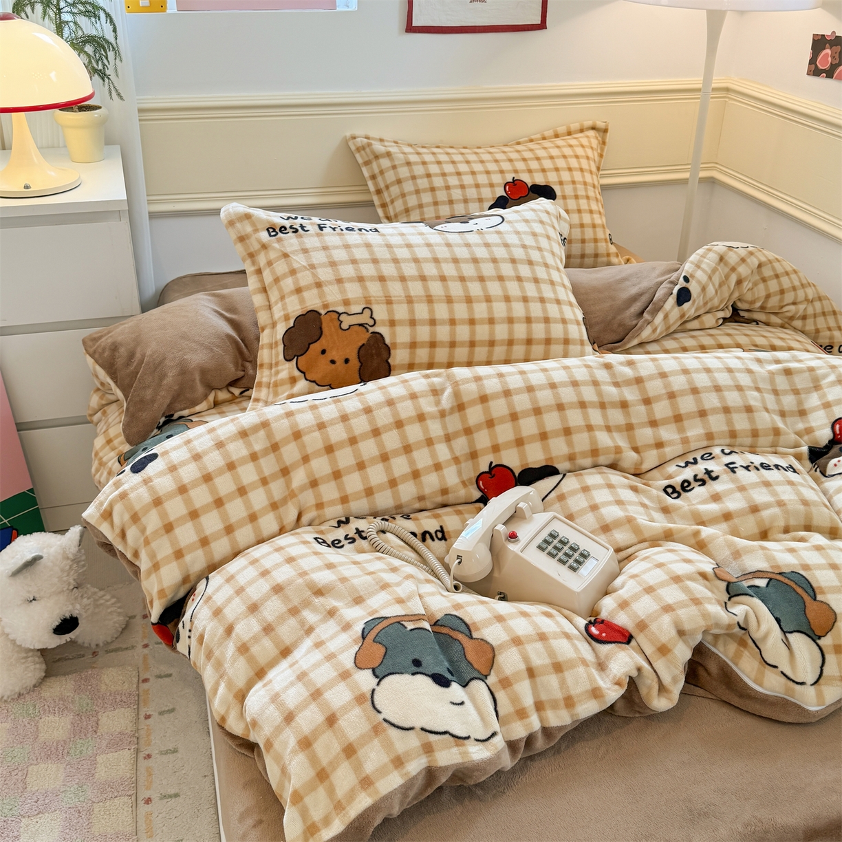 91家纺网 家纺一手货源 找家纺 （总）艾特你 2025新款小清新高克重加厚牛奶绒印花四件套--风格二小窝图