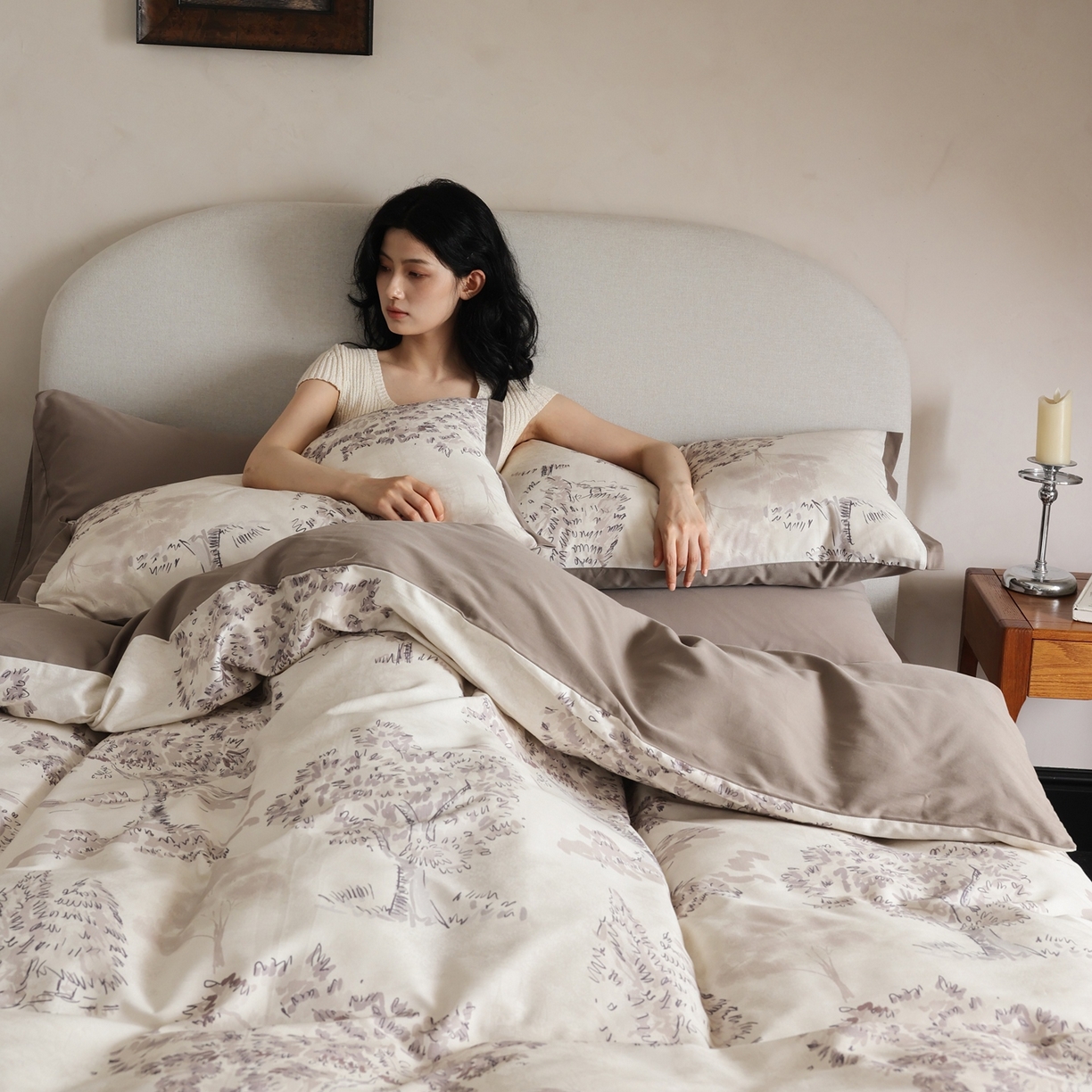 91家纺网 家纺一手货源 找家纺 时光里 2025新款40S全棉纯棉小清新数码印花磨毛四件套 夕雾