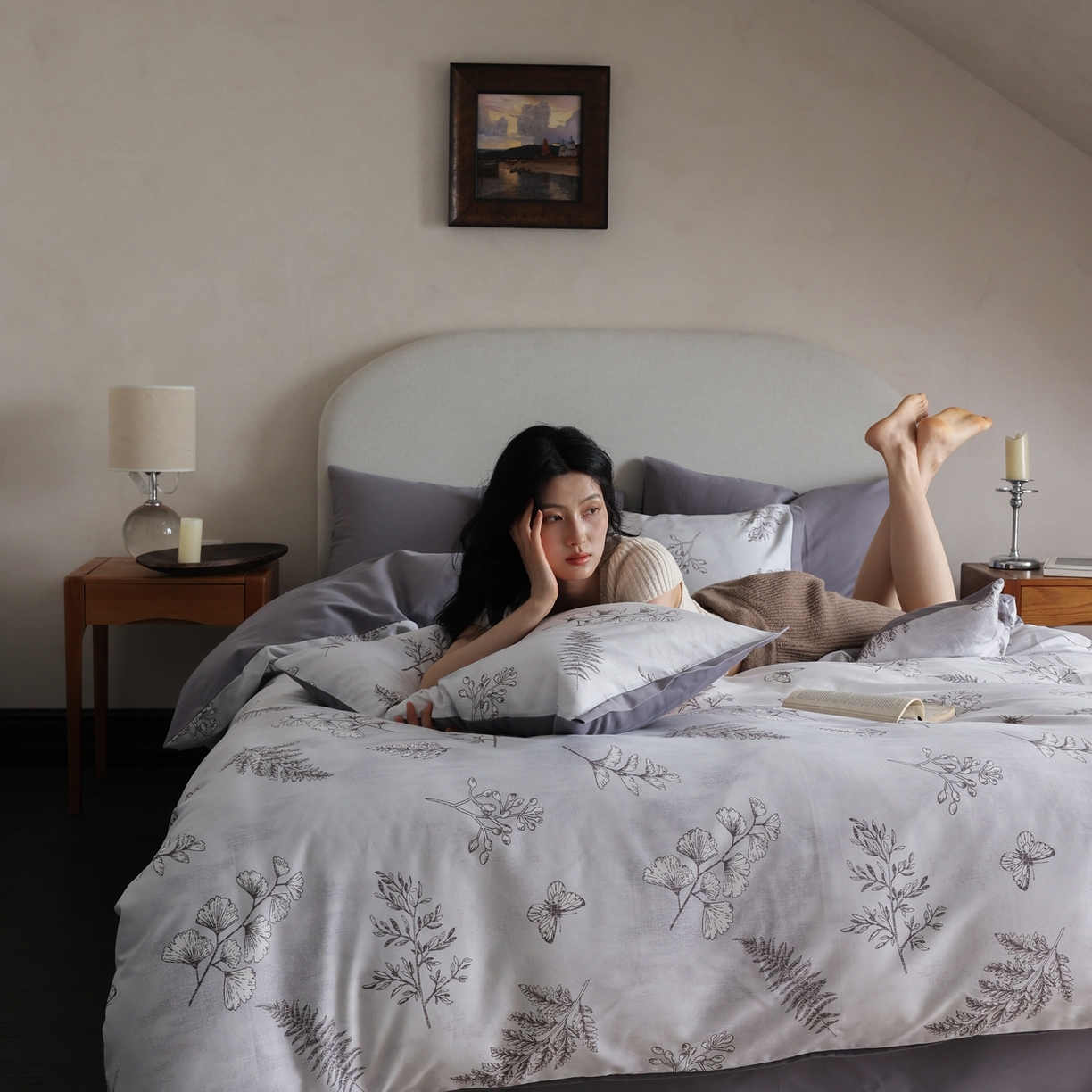 91家纺网 家纺一手货源 找家纺 时光里 2025新款40S全棉纯棉小清新数码印花磨毛四件套 青棠