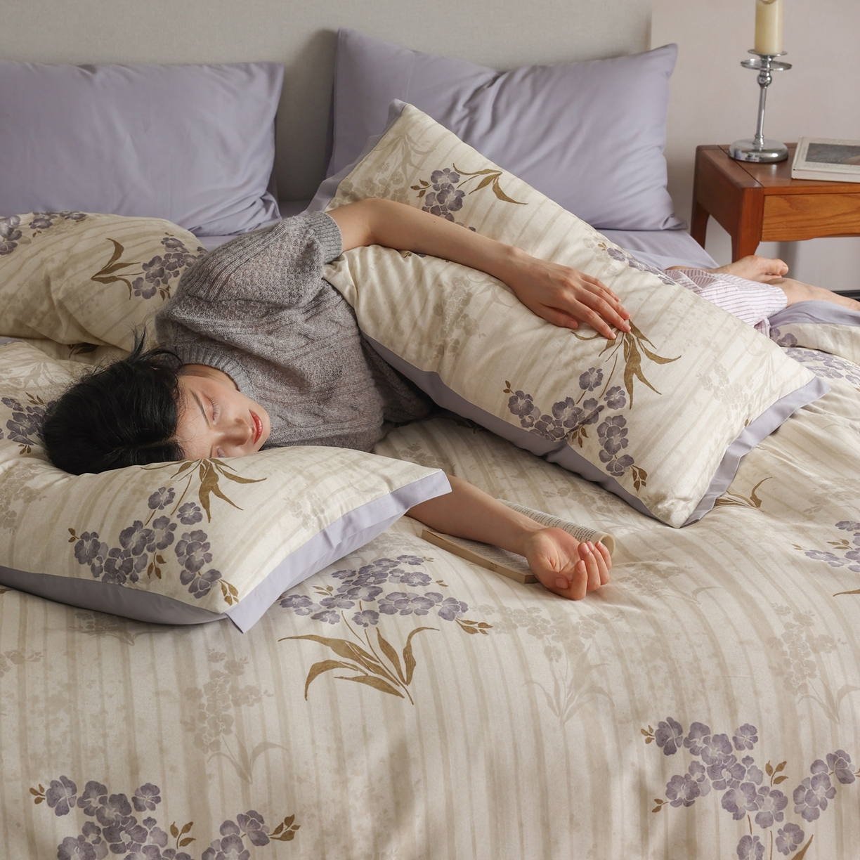 91家纺网 家纺一手货源 找家纺 时光里 2025新款40S全棉纯棉小清新数码印花磨毛四件套 月见