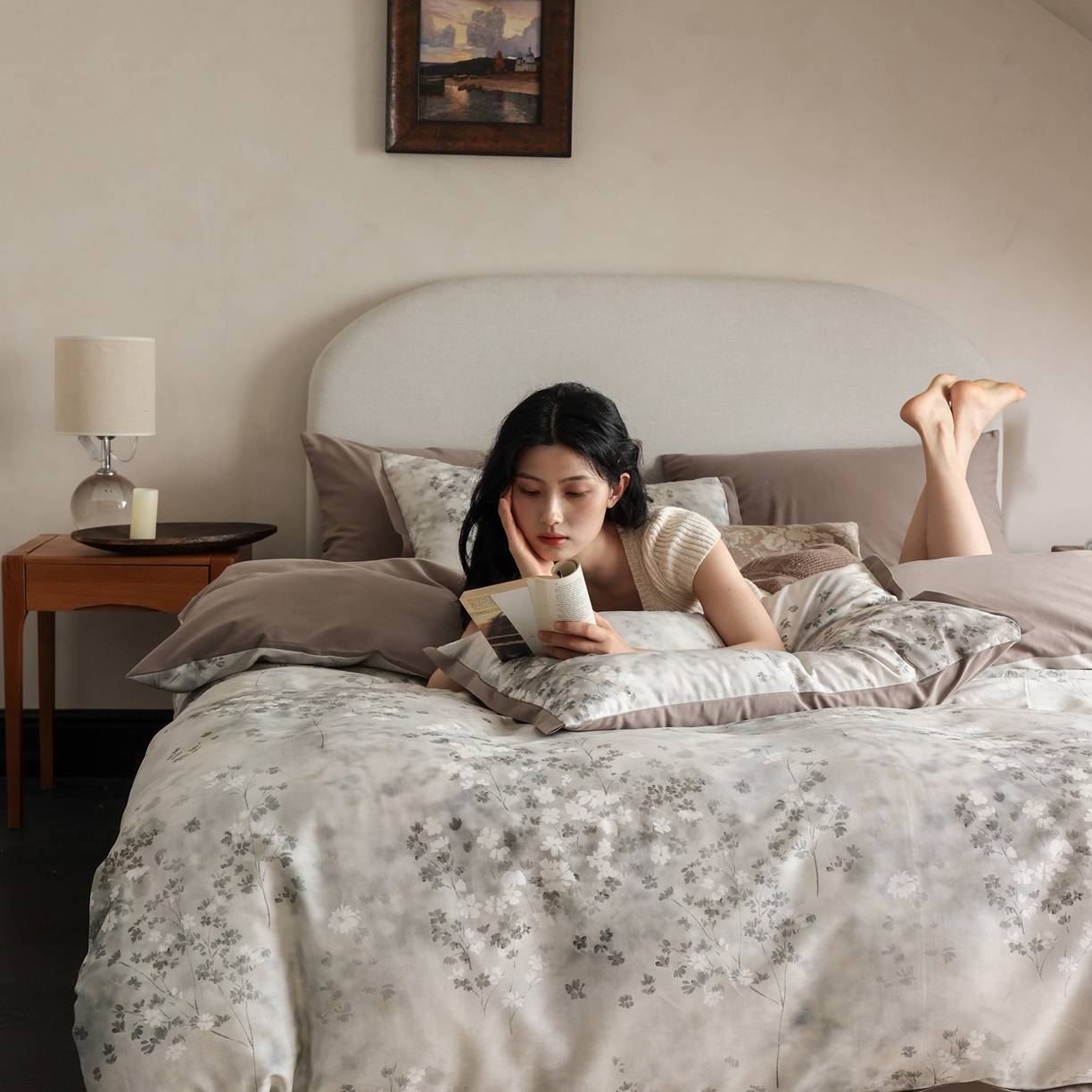 91家纺网 家纺一手货源 找家纺 时光里 2025新款40S全棉纯棉小清新数码印花磨毛四件套 南枝