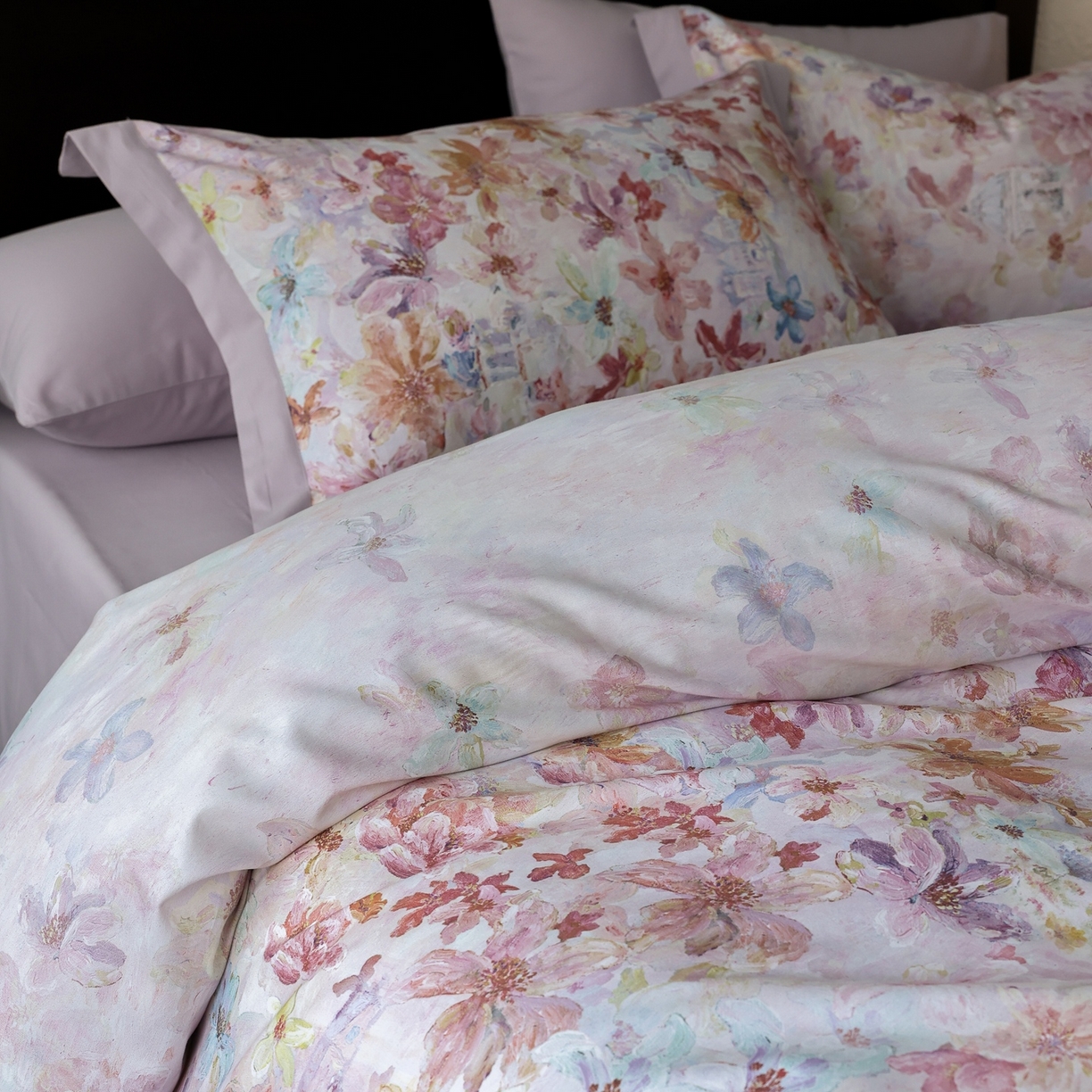 91家纺网 家纺一手货源 找家纺 时光里 2025新款40S全棉纯棉油画风数码印花磨毛四件套 桃花姬