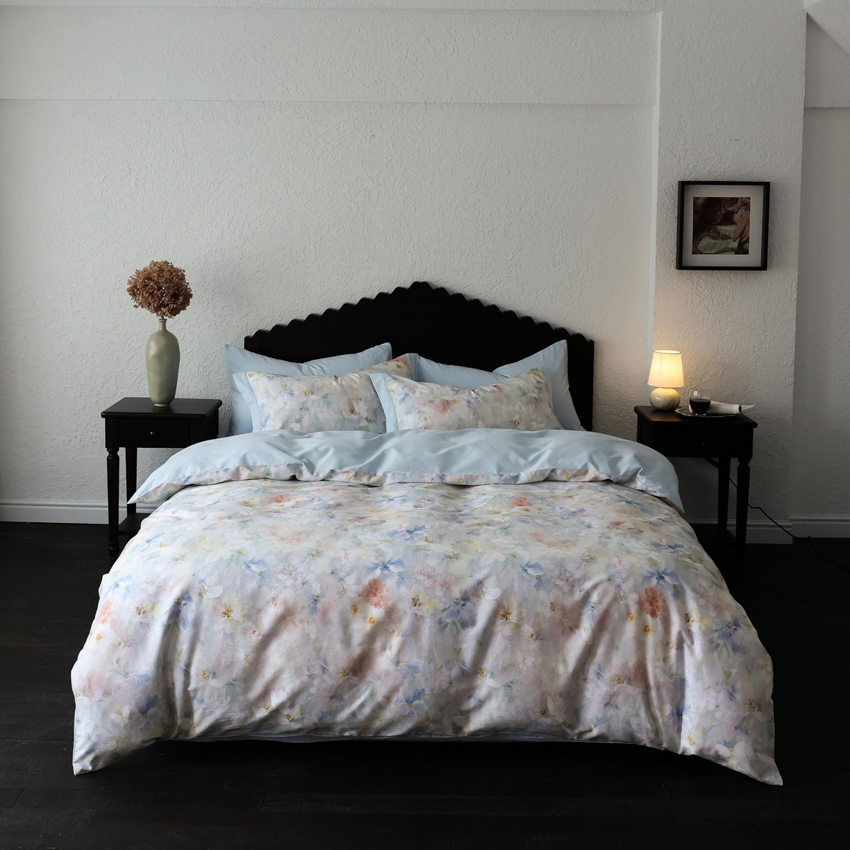 91家纺网 家纺一手货源 找家纺 时光里 2025新款40S全棉纯棉油画风数码印花磨毛四件套 赋蓝归