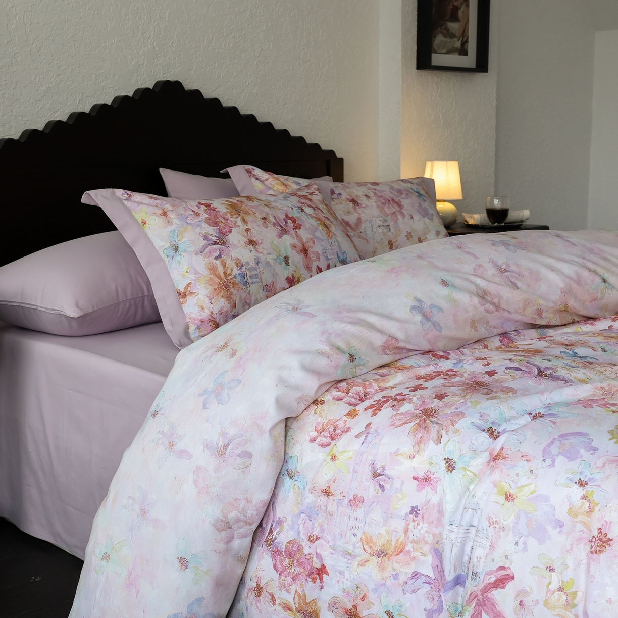 91家纺网 家纺一手货源 找家纺 时光里 2025新款40S全棉纯棉油画风数码印花磨毛四件套 桃花姬